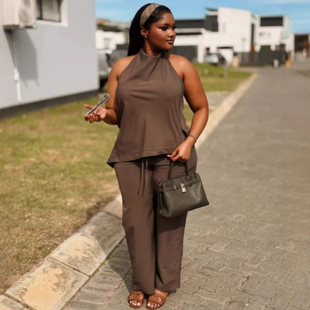 ZARA African Plus Size Sexy Backless Lace Up Tank Top Casual Pants Two Piece Set